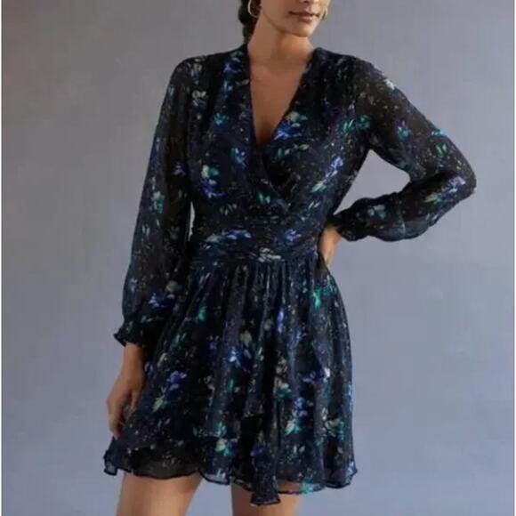 ANTHROPOLOGIE Dark Floral Ruched Mini Dress Sz XL {3K25} - Picture 1 of 6